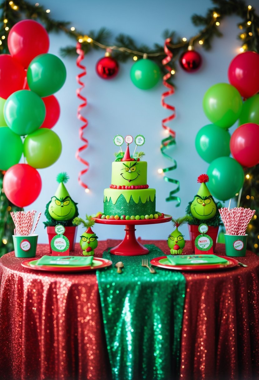 A birthday party table decorated with a red and green glittery tablecloth, surrounded by balloons, party favors, and festive decorations.