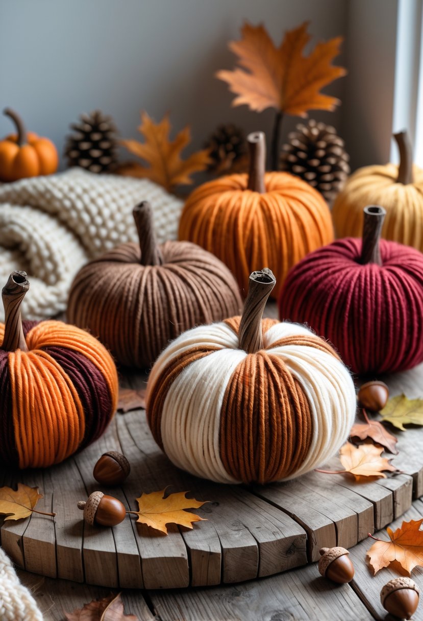 A collection of handmade yarn ball pumpkins in fall colors arranged on a wooden table with autumn decorations around them.