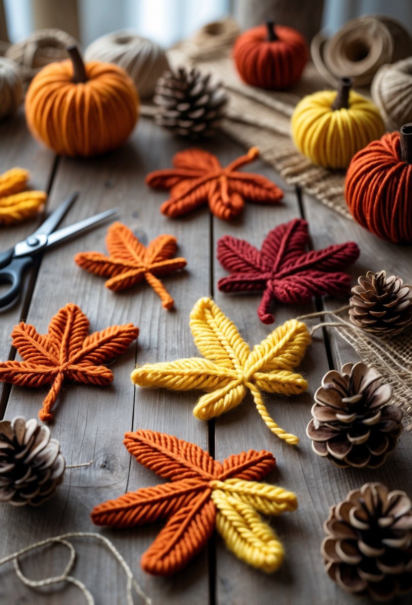 A table with colorful yarn leaves and crafting supplies arranged for a fall decoration project.