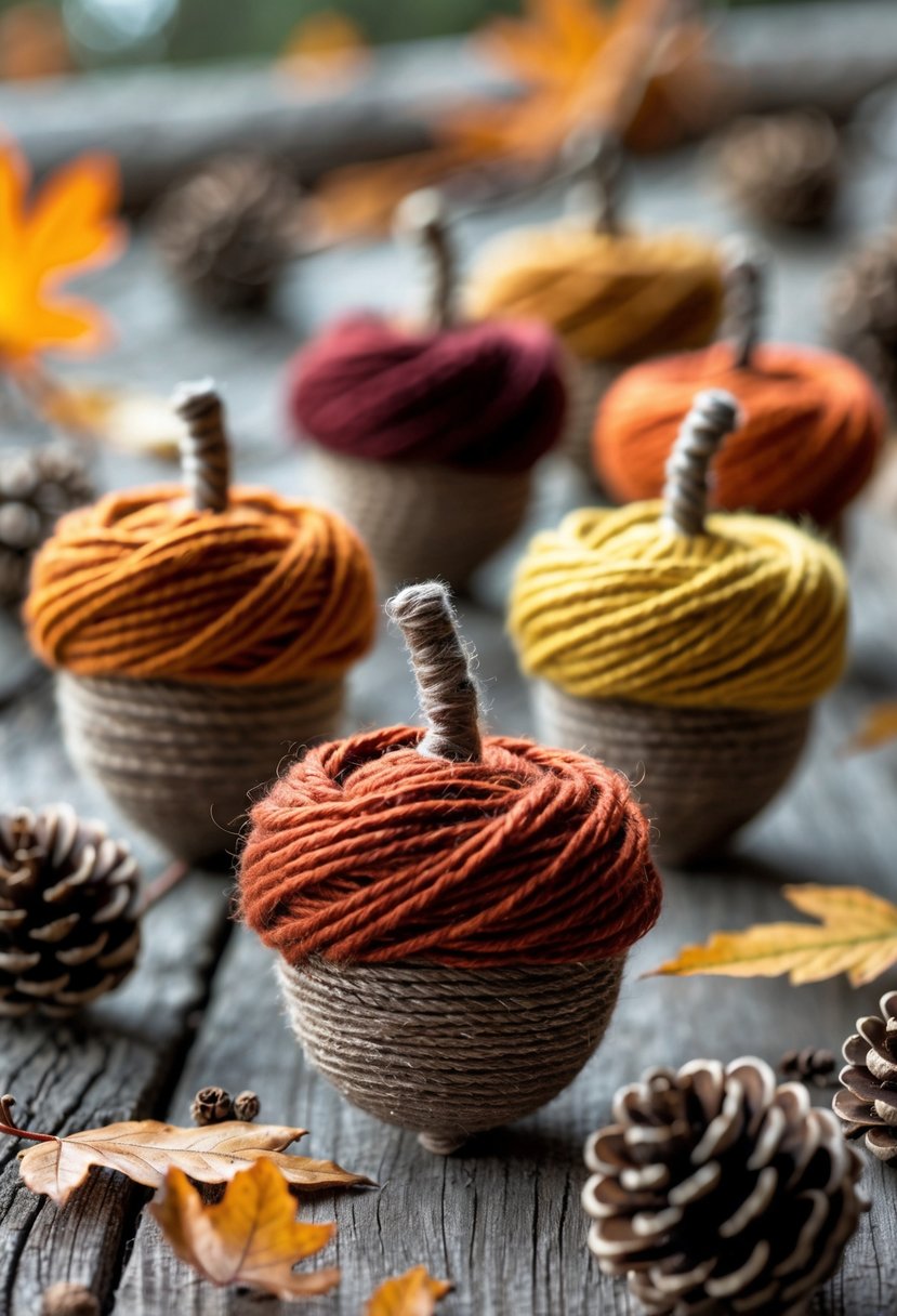 Close-up of colorful yarn-wrapped acorns arranged on a wooden surface with autumn leaves and pinecones.
