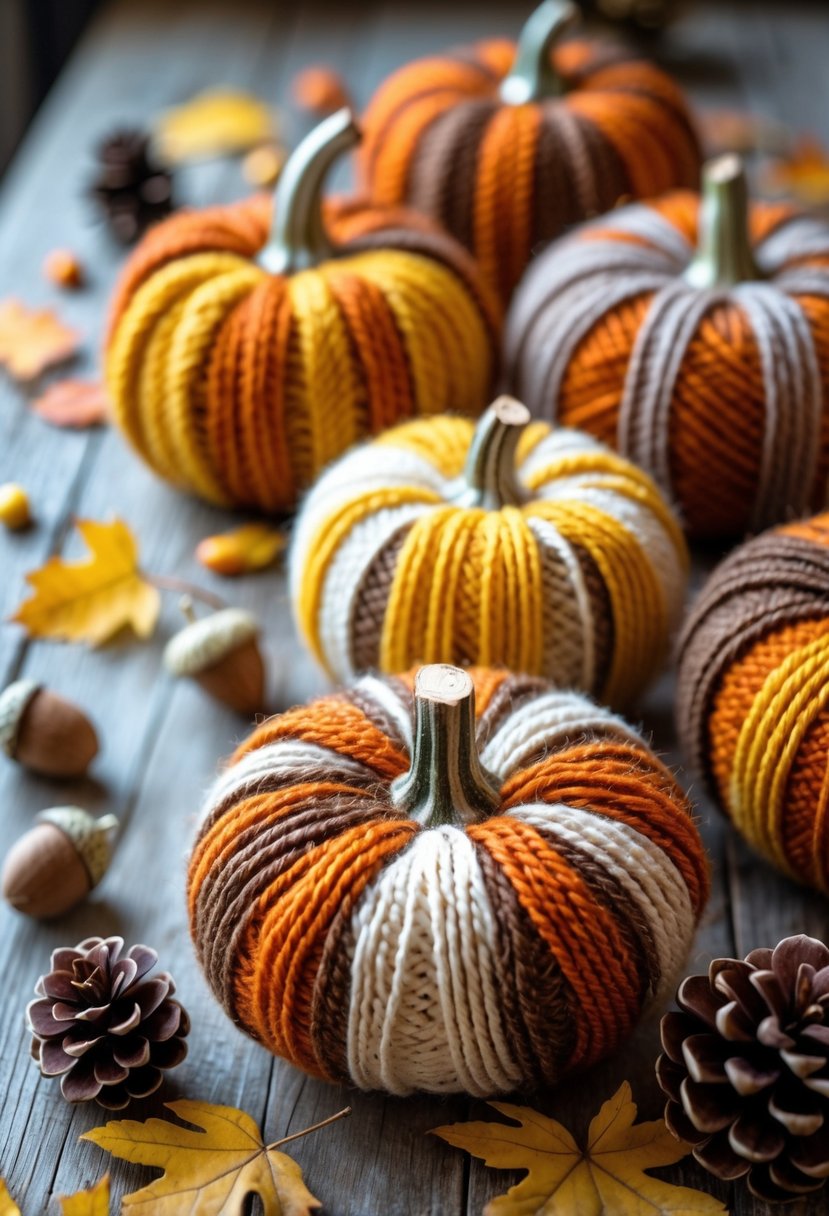 Several small pumpkins wrapped in colorful yarn arranged on a wooden surface with fall leaves and pinecones.