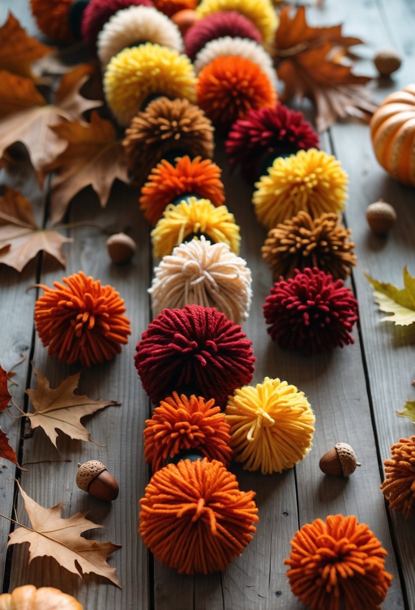 Colorful pom-pom garland in fall colors draped over a wooden surface with autumn leaves and small pumpkins nearby.