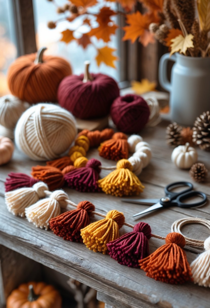 A colorful yarn tassel garland in fall colors draped over a wooden surface with autumn craft supplies and seasonal decorations nearby.