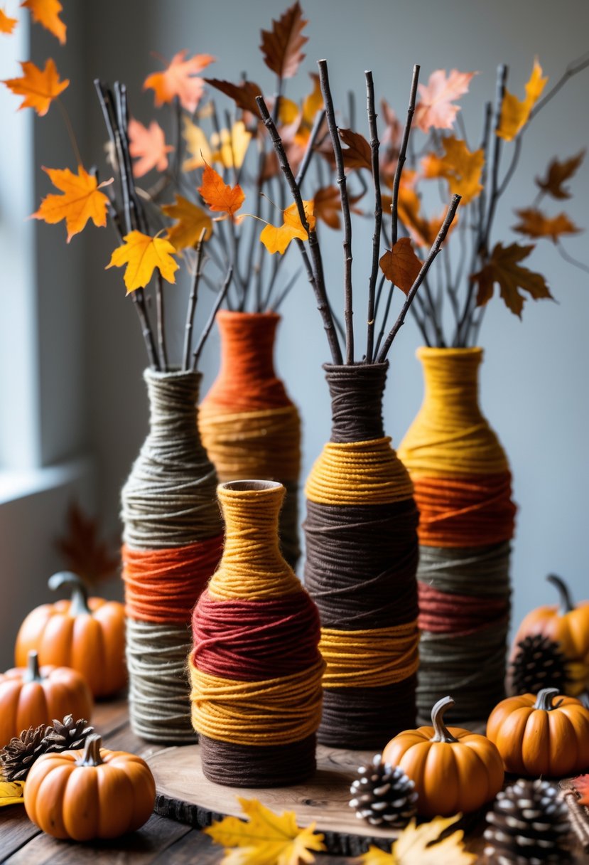 A group of twig vases wrapped in colorful yarn sitting on a wooden table surrounded by autumn leaves and small pumpkins.