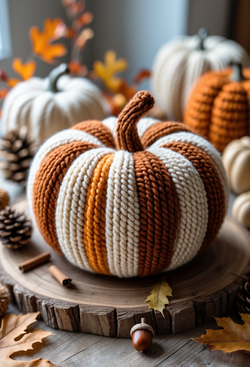 A yarn pumpkin centerpiece on a wooden table surrounded by pinecones, dried leaves, and cinnamon sticks.