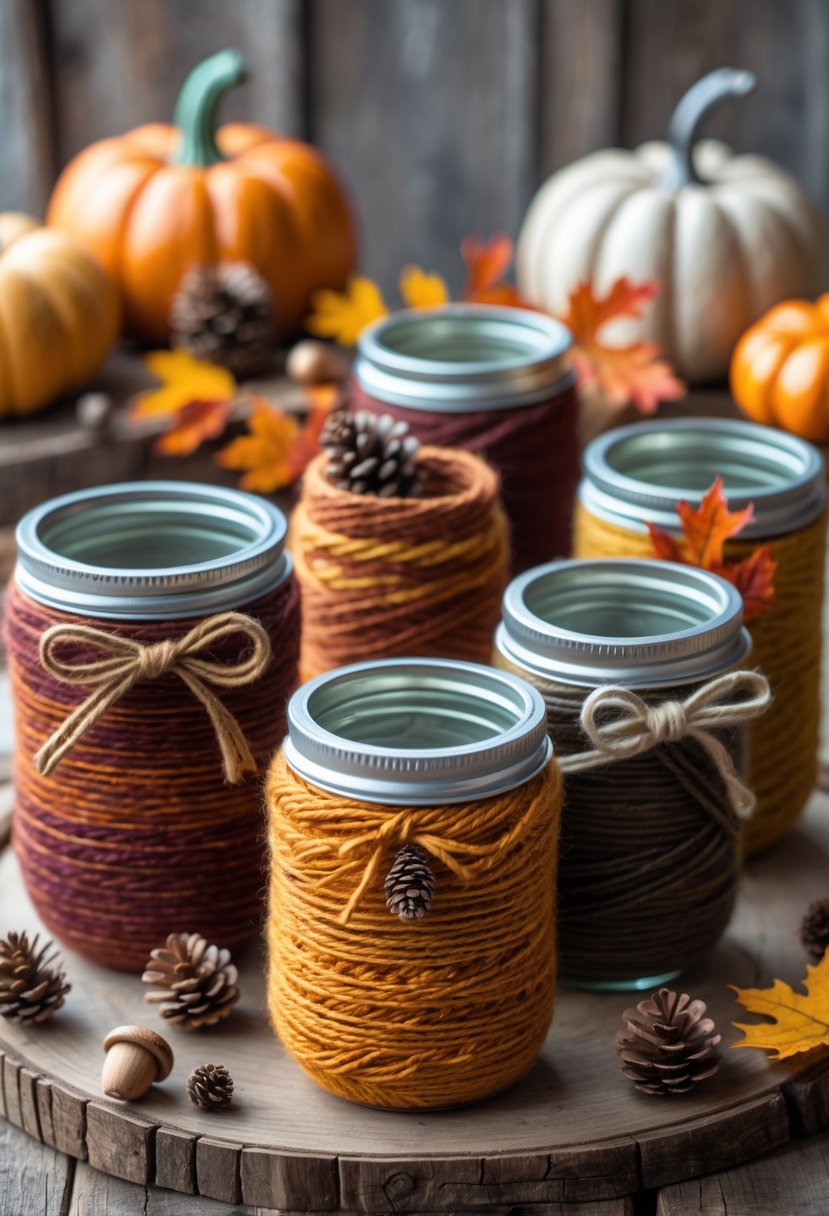 Several mason jars wrapped in colorful autumn yarns arranged on a wooden table with fall decorations in the background.