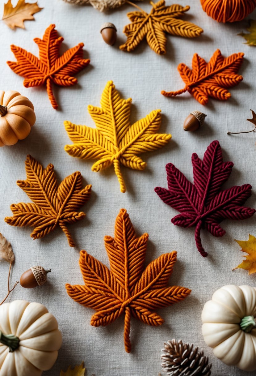 Colorful yarn leaves arranged on a neutral surface with small pumpkins and acorns, creating a cozy fall craft scene.