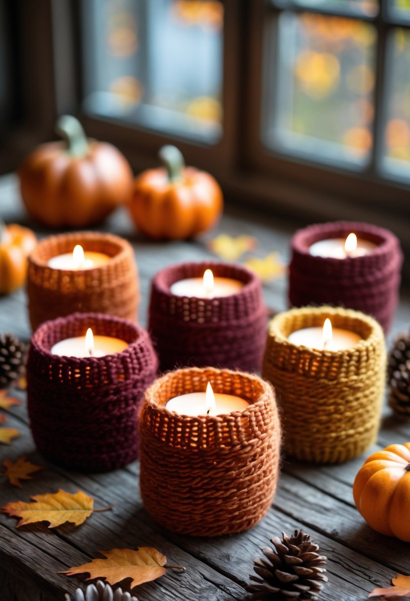 A set of candle holders wrapped in colorful yarn with lit candles inside, placed on a wooden table surrounded by small pumpkins and autumn leaves.