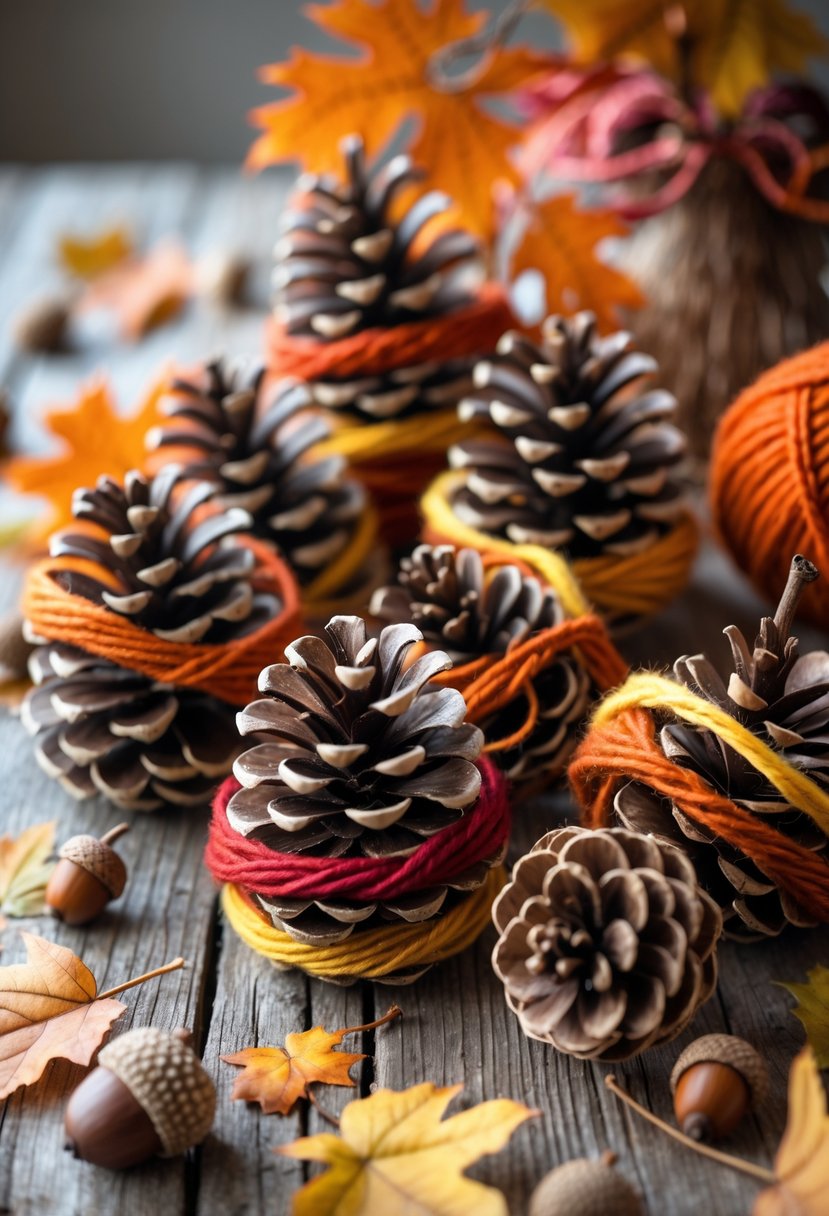 A close-up of pinecones wrapped in colorful yarns arranged on a wooden surface with autumn leaves and acorns.