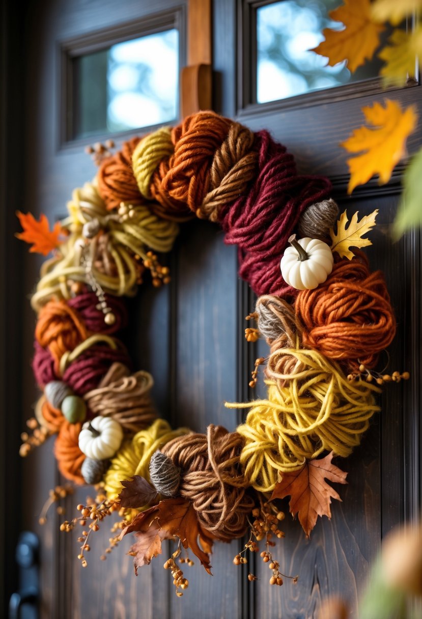 A fall-themed yarn wreath with autumn colors and small decorative pumpkins hanging on a wooden door.