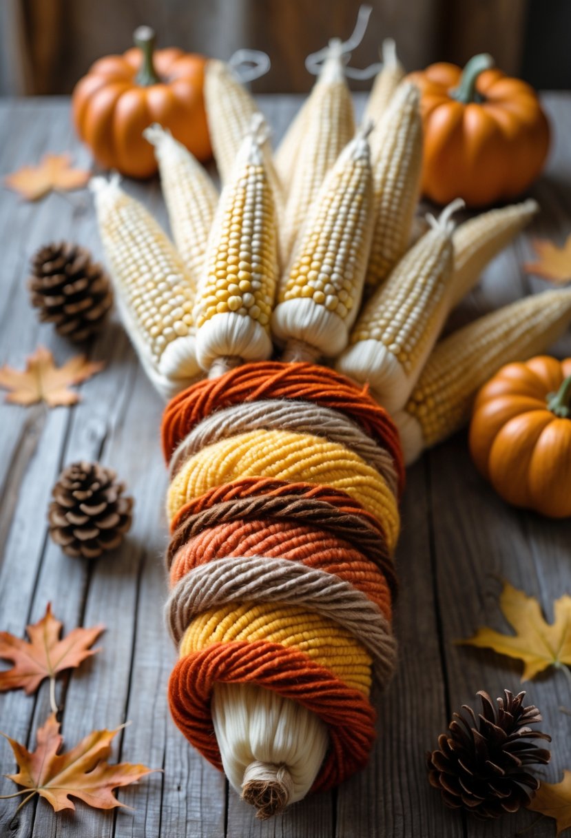 A fall decoration made of dried corn ears wrapped with colorful yarn, placed on a wooden table surrounded by autumn leaves and small pumpkins.