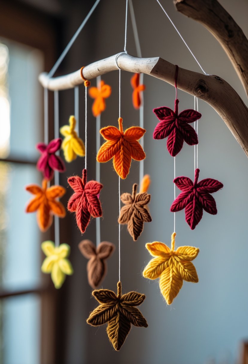 A colorful yarn leaf mobile hanging indoors with multiple autumn-colored yarn leaves suspended from a wooden branch.