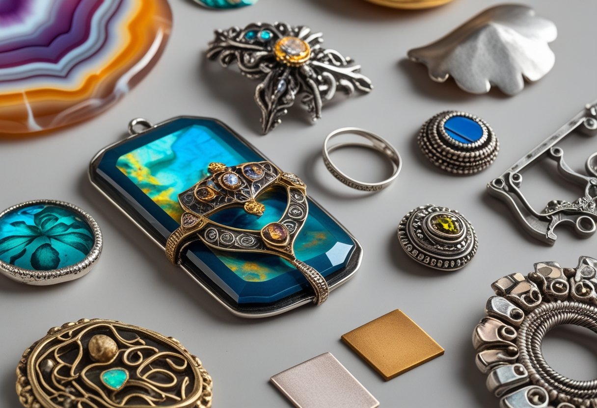 Close-up of various polished stones, metal jewelry, and metal samples arranged on a neutral surface.