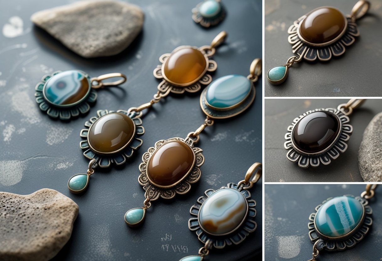 Close-up view of artisan jewelry with agate stones and metalwork displayed on a textured surface.