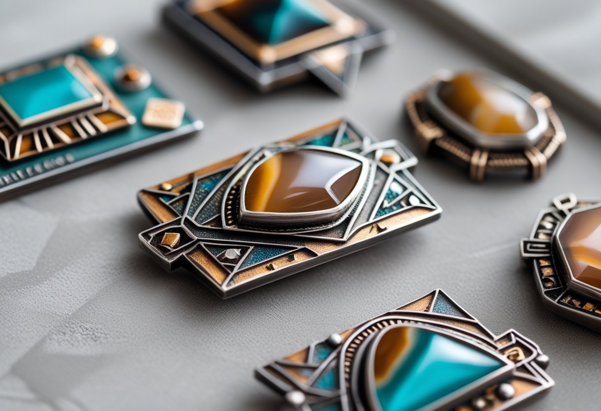 Close-up of artisan jewelry with colorful agate stones set in polished metal, showing detailed craftsmanship and metal textures.