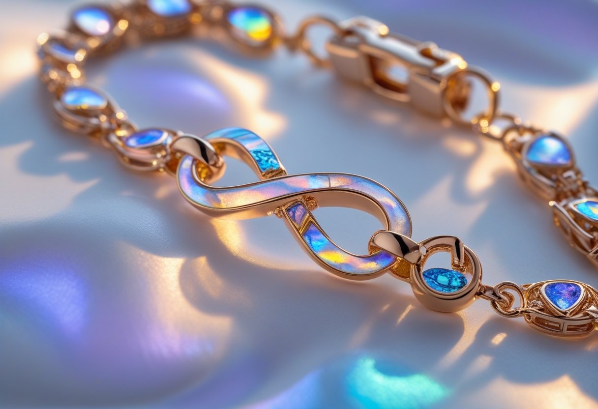 Close-up of a jewelry piece with intricate setting, inlay details, and shimmering iridescent coating.