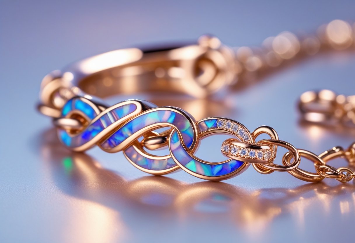 Close-up of an elegant piece of jewelry with an infinity clasp and iridescent coating on a blurred background.
