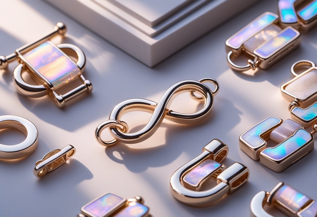 Close-up of elegant jewelry components including an infinity-shaped clasp and interchangeable clasps with iridescent coatings and intricate inlay details on a neutral background.