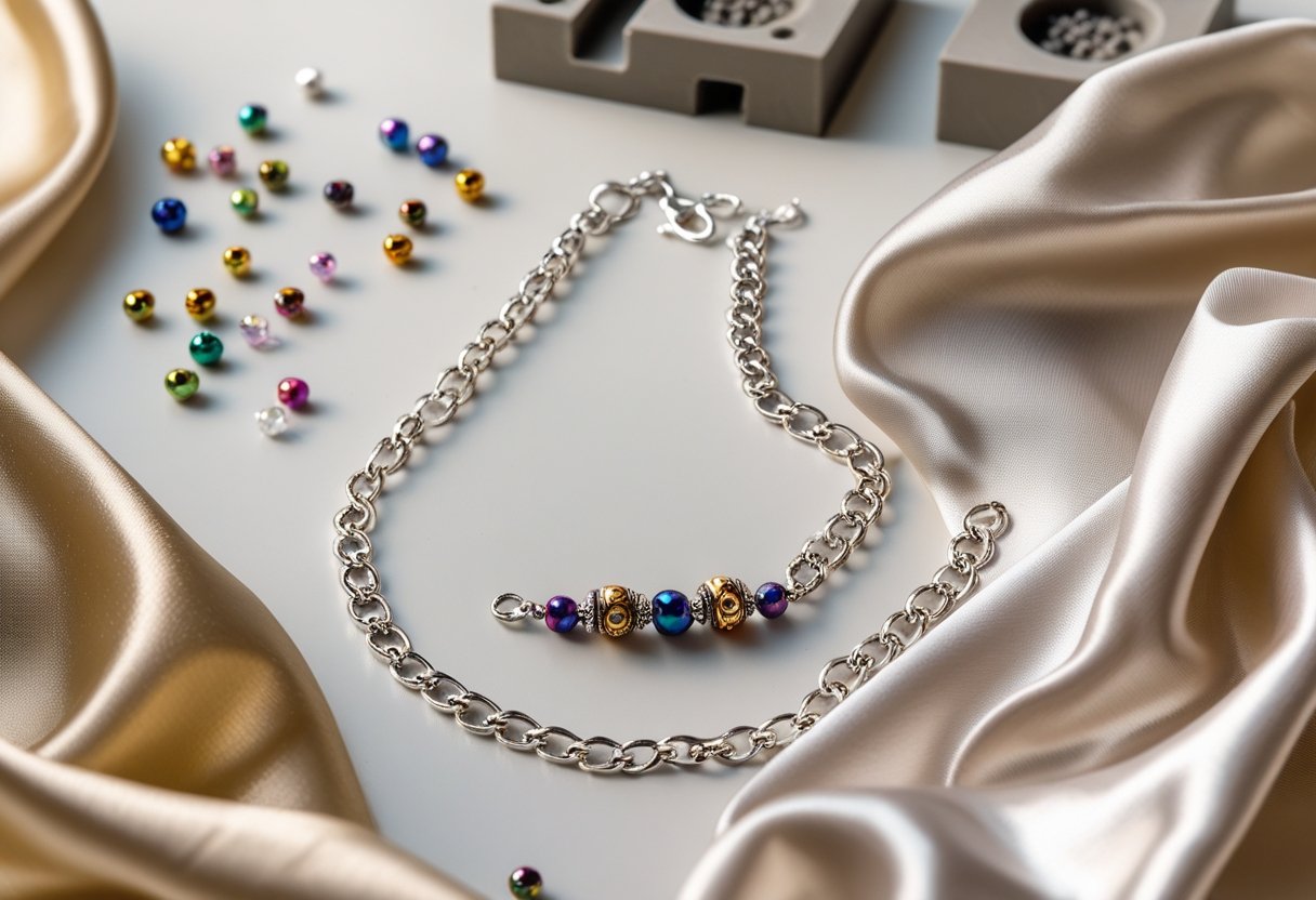 An arrangement of silver plated safety chain, satin gold fabric, seed beads, Shamballa beads, silk fabric, and sand casting molds on a neutral background.