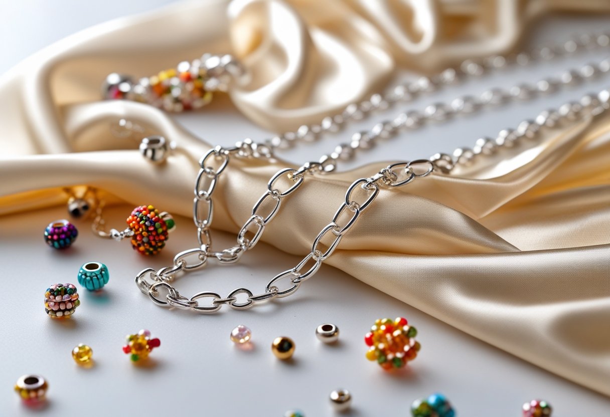 Close-up of silver chains, gold fabric, and colorful beads arranged together on a soft surface.