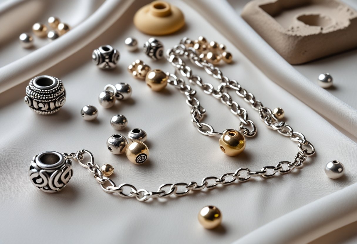 Close-up of silver plated and gold beads with a safety chain arranged on smooth silk fabric, alongside a sand casting piece.