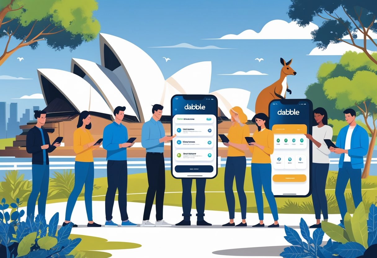 People using digital devices to place bets with an app in an Australian setting featuring the Sydney Opera House and a kangaroo.