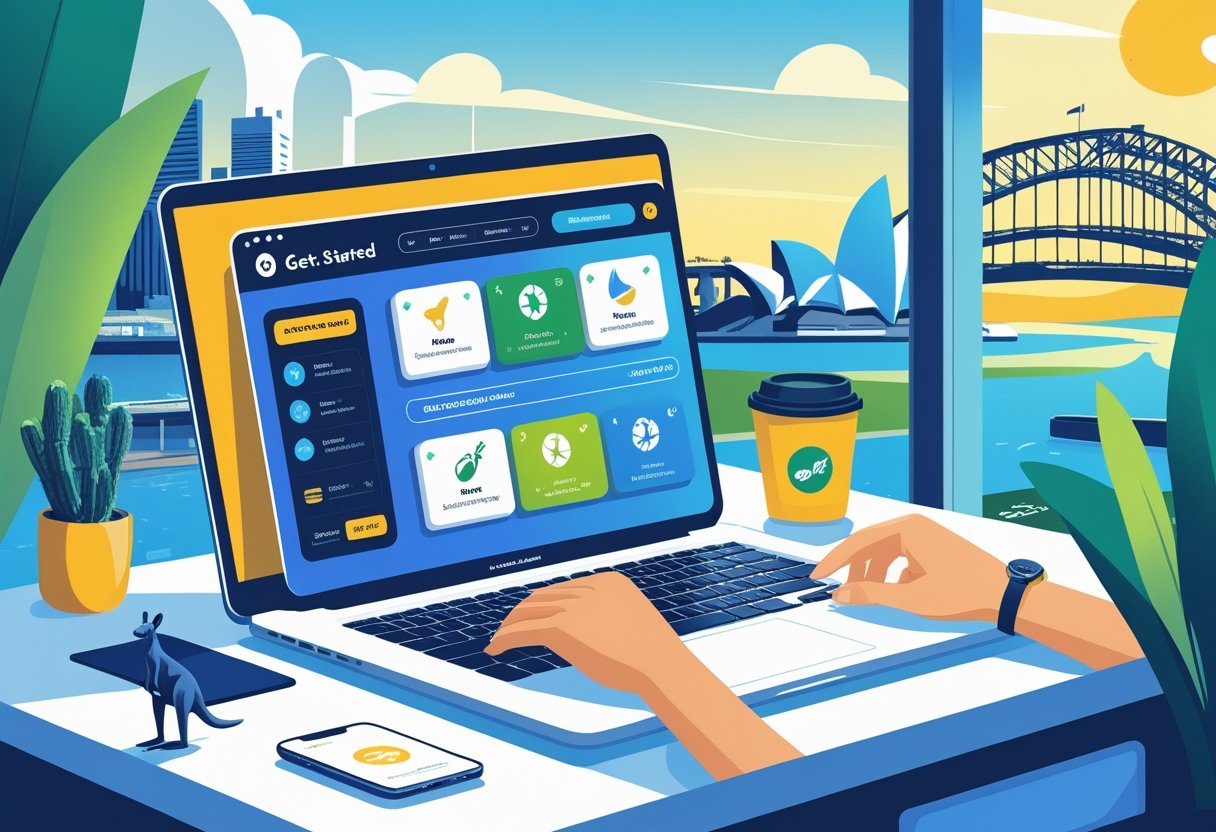 A laptop on a desk showing a betting interface, with Australian-themed items nearby and a city view featuring the Sydney Opera House through a window.