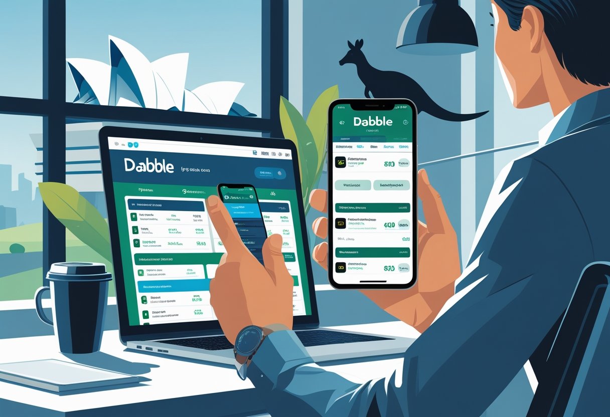 A person using a smartphone to place bets with the Dabble app, with Australian landmarks in the background.