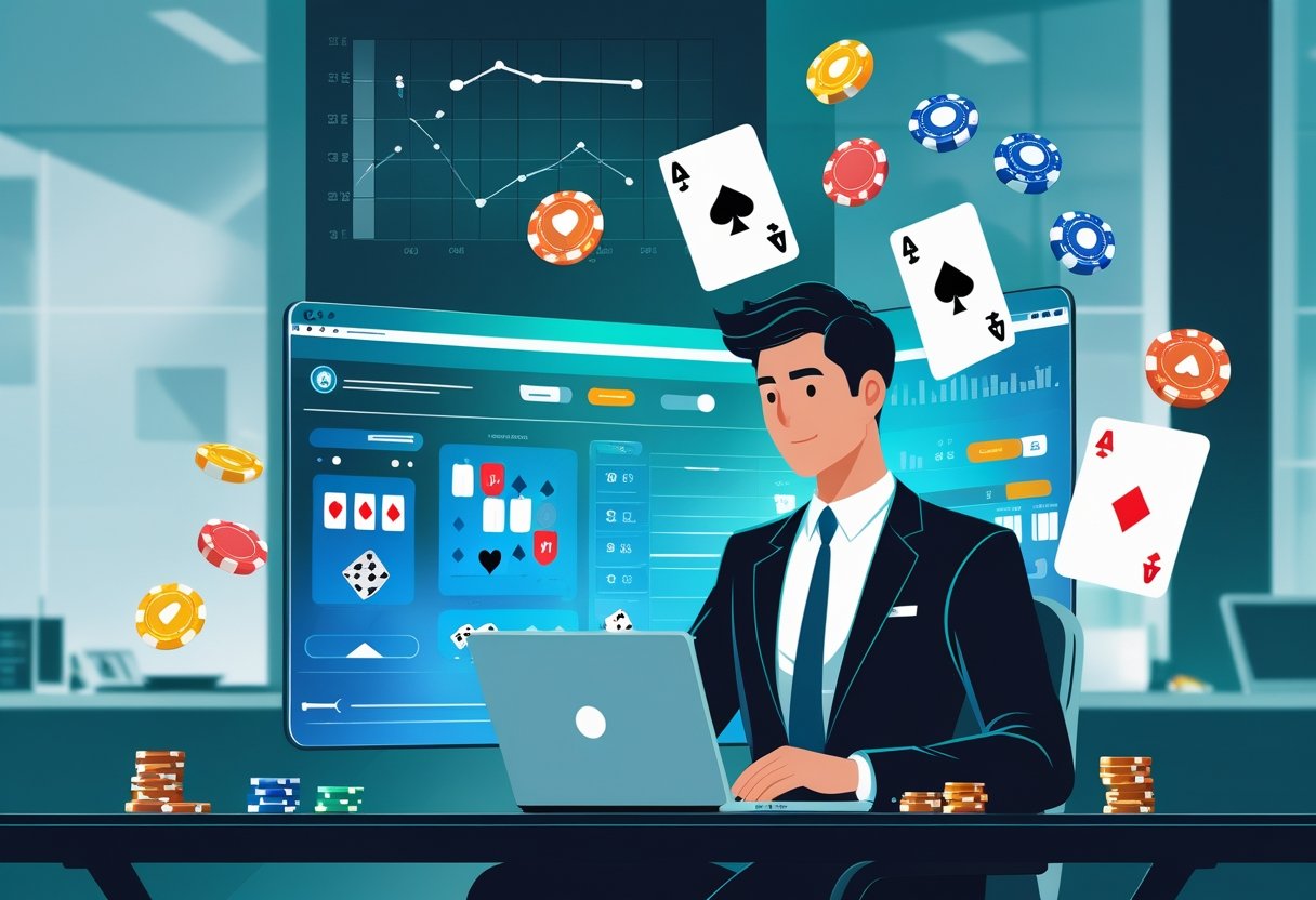 A person sitting at a desk using a laptop with gambling icons like cards, chips, and dice floating around, looking thoughtful and engaged.