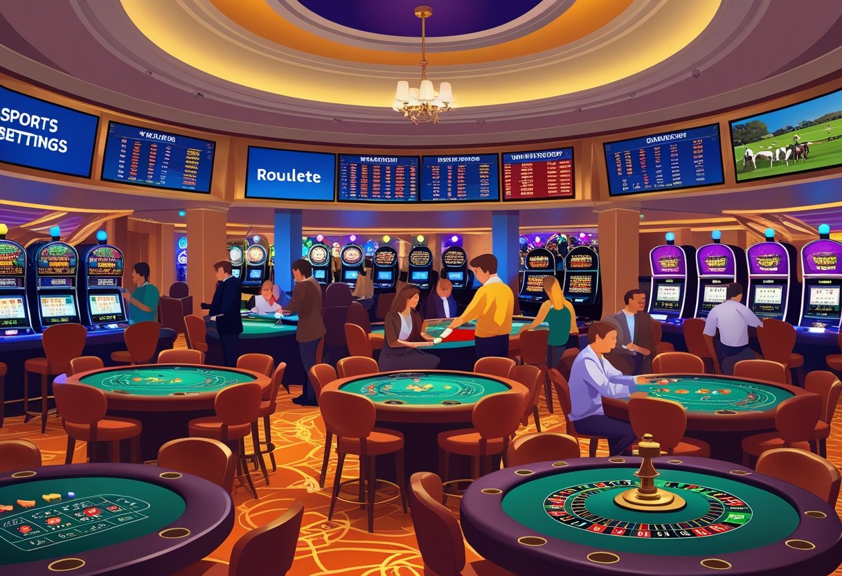 A casino scene showing people playing poker, blackjack, roulette, slot machines, and checking sports betting screens.