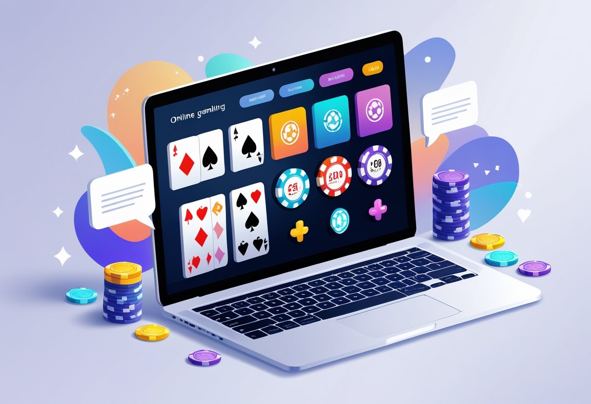 A laptop displaying various gambling options like poker cards, roulette wheel, and slot machines, with icons showing user satisfaction around it.