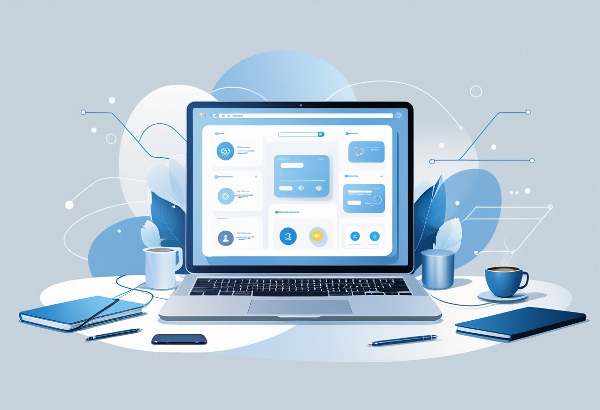 A laptop on a desk showing an online platform interface, surrounded by a smartphone, coffee cup, and notebook, with abstract shapes and network lines in the background.