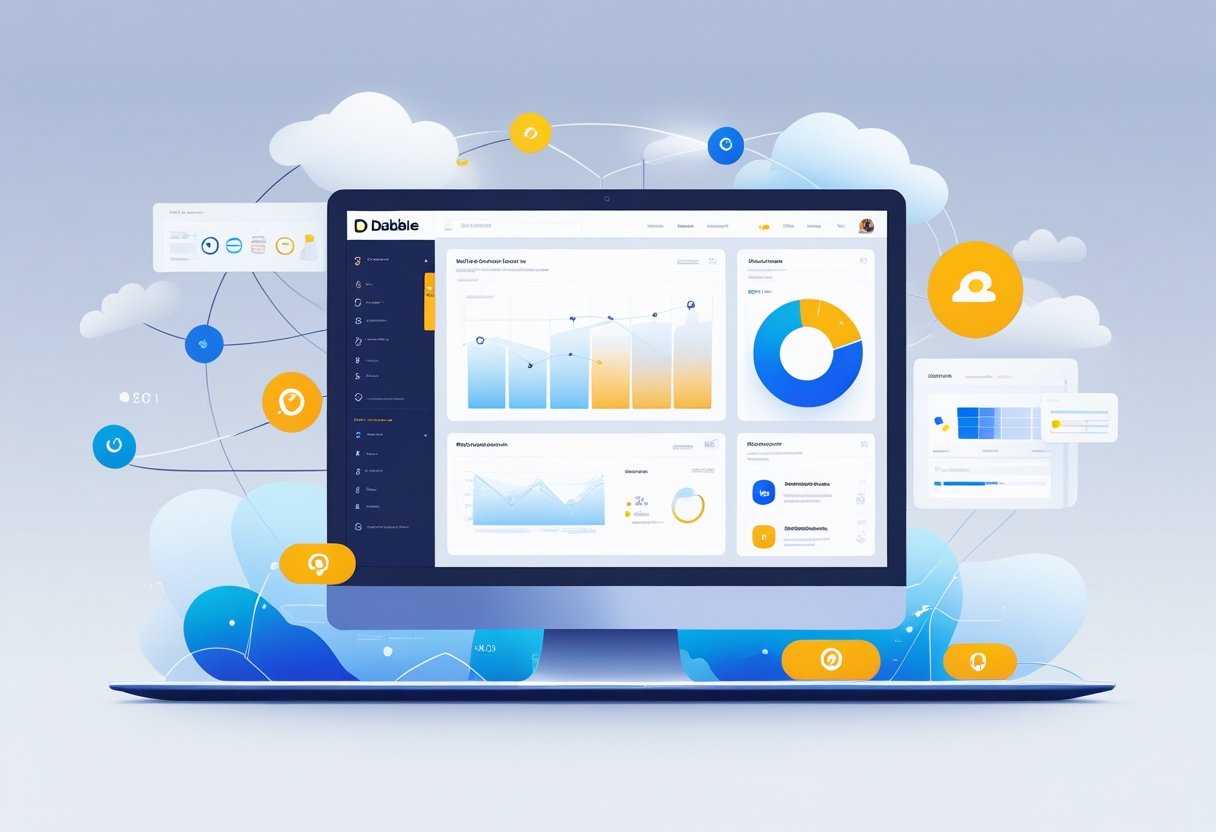 A computer screen showing a user-friendly online platform dashboard with graphs and icons, surrounded by symbols of connectivity and digital data.