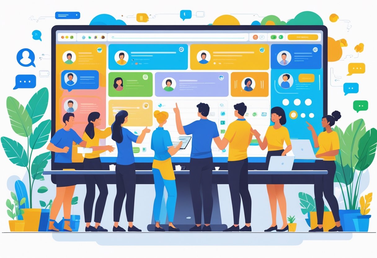 People collaborating around a computer screen showing an online community platform with user icons and chat bubbles.