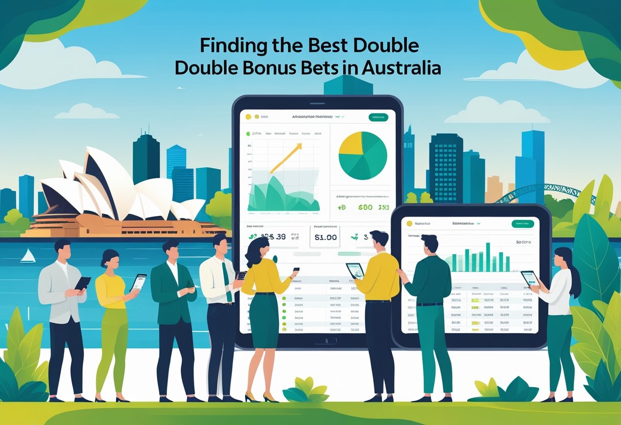 People using digital devices to compare betting options with an Australian cityscape in the background.
