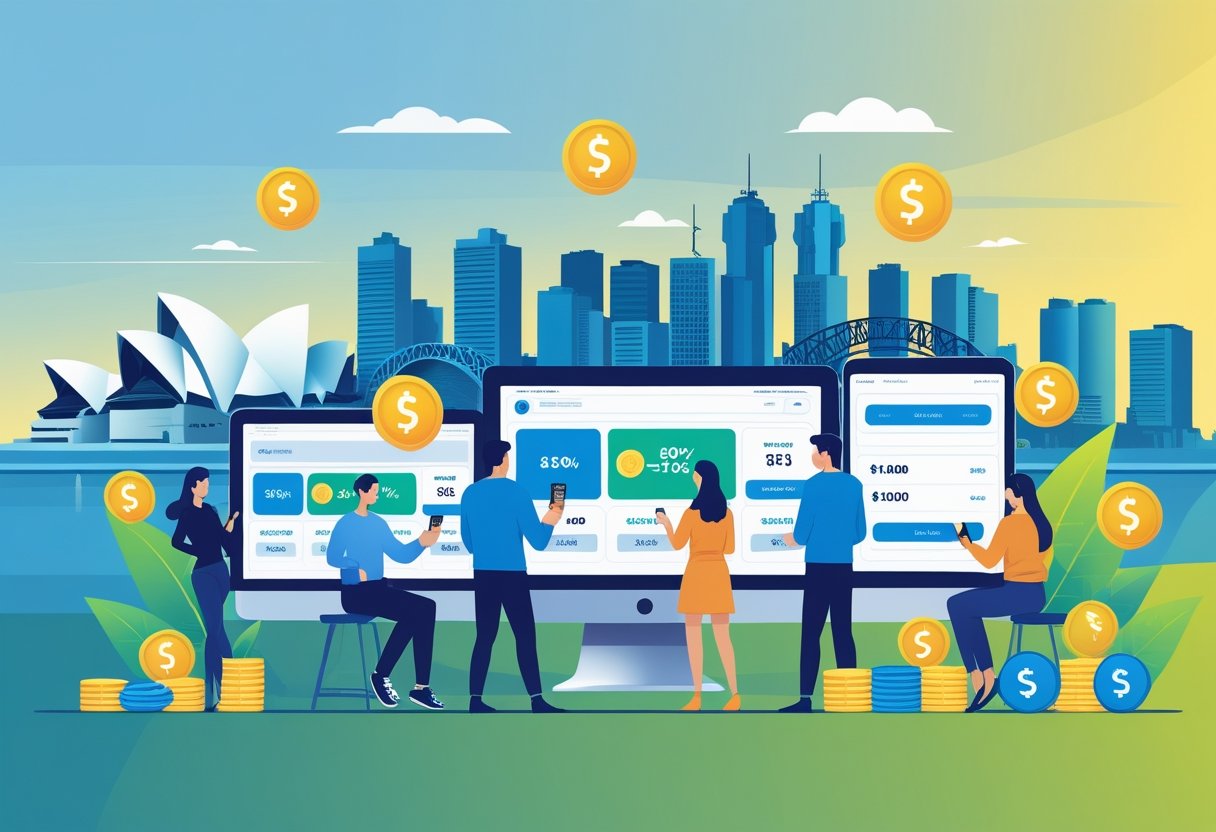 People using devices to place bets with Australian city landmarks in the background and symbols representing bonus bets and rewards.