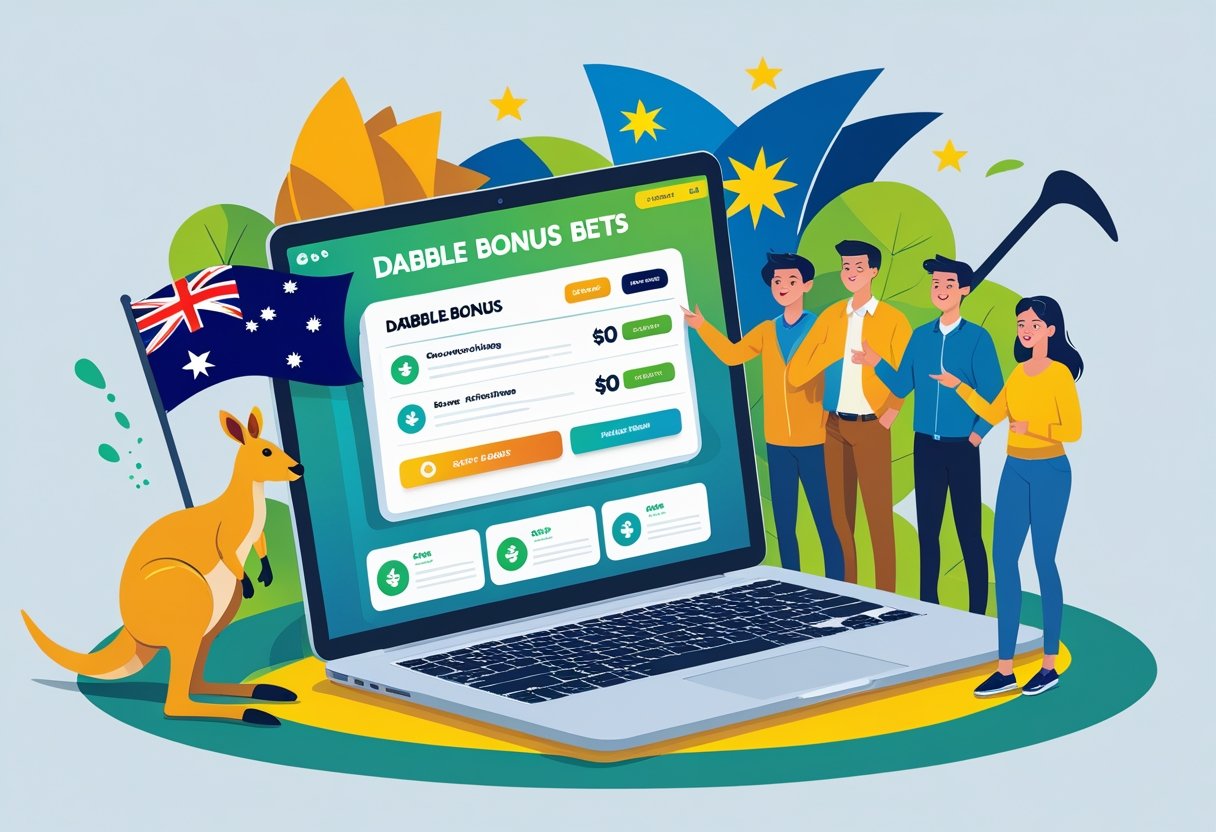 People gathered around a laptop showing a betting website with Australian symbols like a kangaroo and the Sydney Opera House in the background.