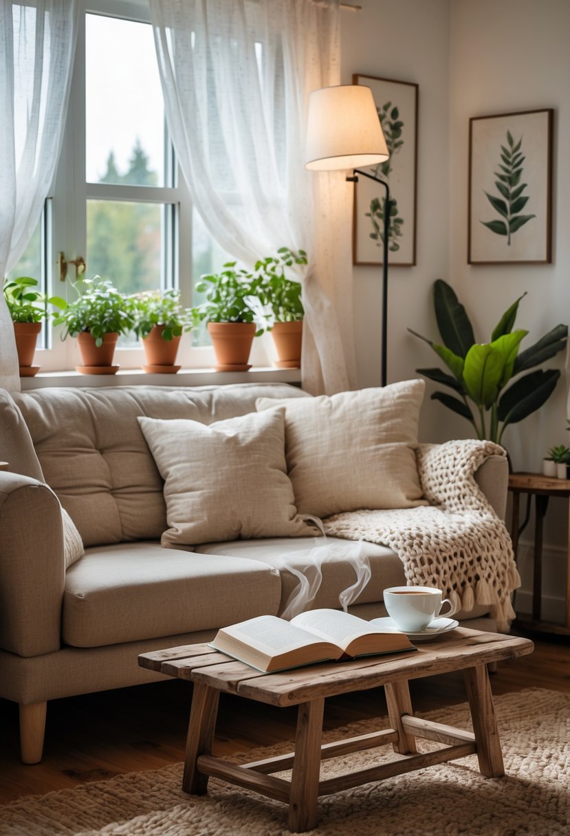 Cozy Retreats On A Dime: 25 Unusual Backyard Ideas You’ll Love 3 A cozy living room with a small sofa, wooden coffee table holding a cup of tea and an open book, plants on the windowsill, and soft natural light coming through sheer curtains.
