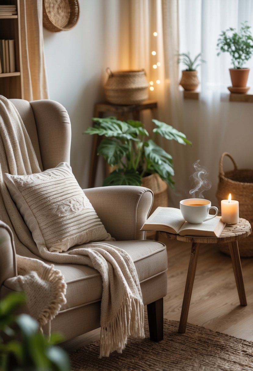 Cozy Retreats On A Dime: 25 Unusual Backyard Ideas You’ll Love 5 A cozy living space with a comfortable armchair, soft blankets, a wooden coffee table with a cup of tea, an open book, and a lit candle near a window with sheer curtains.