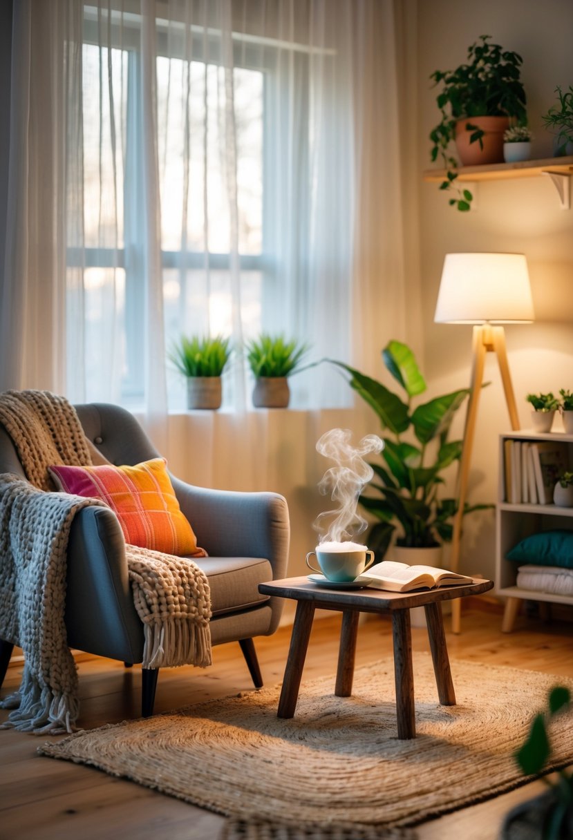 Cozy Retreats On A Dime: 25 Unusual Backyard Ideas You’ll Love 9 A cozy living space with an armchair, throw blanket, coffee table with tea and book, plants, and soft natural light.