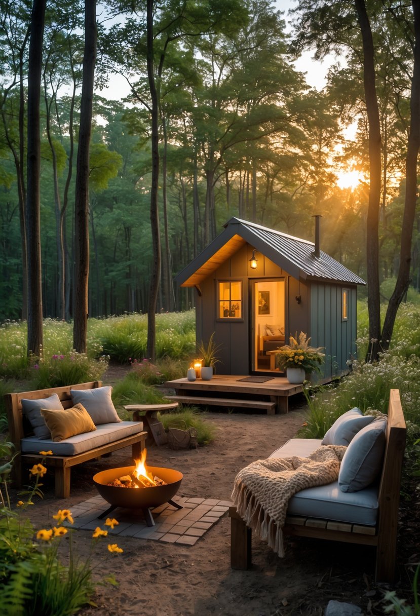 Cozy Retreats On A Dime: 25 Unusual Backyard Ideas You’ll Love 10 A small cabin in a forest with a wooden bench, cushions, a blanket, and a fire pit surrounded by trees and plants.