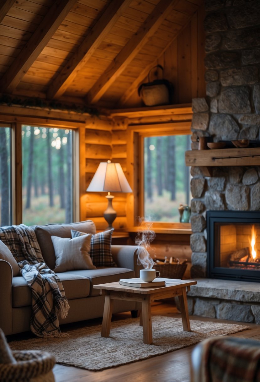 Cozy Retreats On A Dime: 25 Unusual Backyard Ideas You’ll Love 12 A cozy wooden cabin living room with a stone fireplace, soft blankets on a sofa, a coffee table with a mug and book, and a window showing a forest outside.