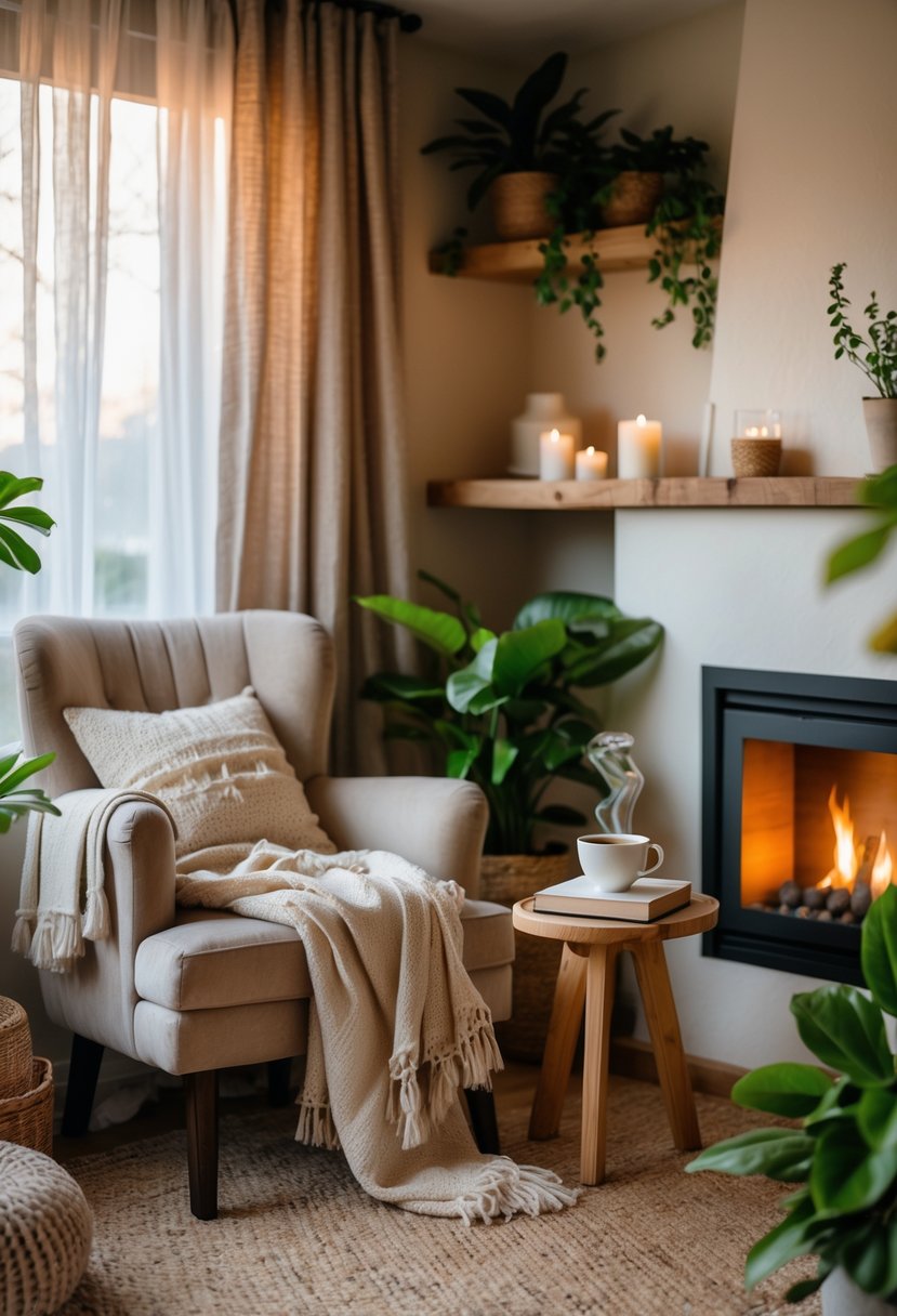 Cozy Retreats On A Dime: 25 Unusual Backyard Ideas You’ll Love 13 A cozy living space with a comfortable armchair, soft blankets, a wooden side table with a cup of tea and book, a lit fireplace, green plants, and warm natural light.