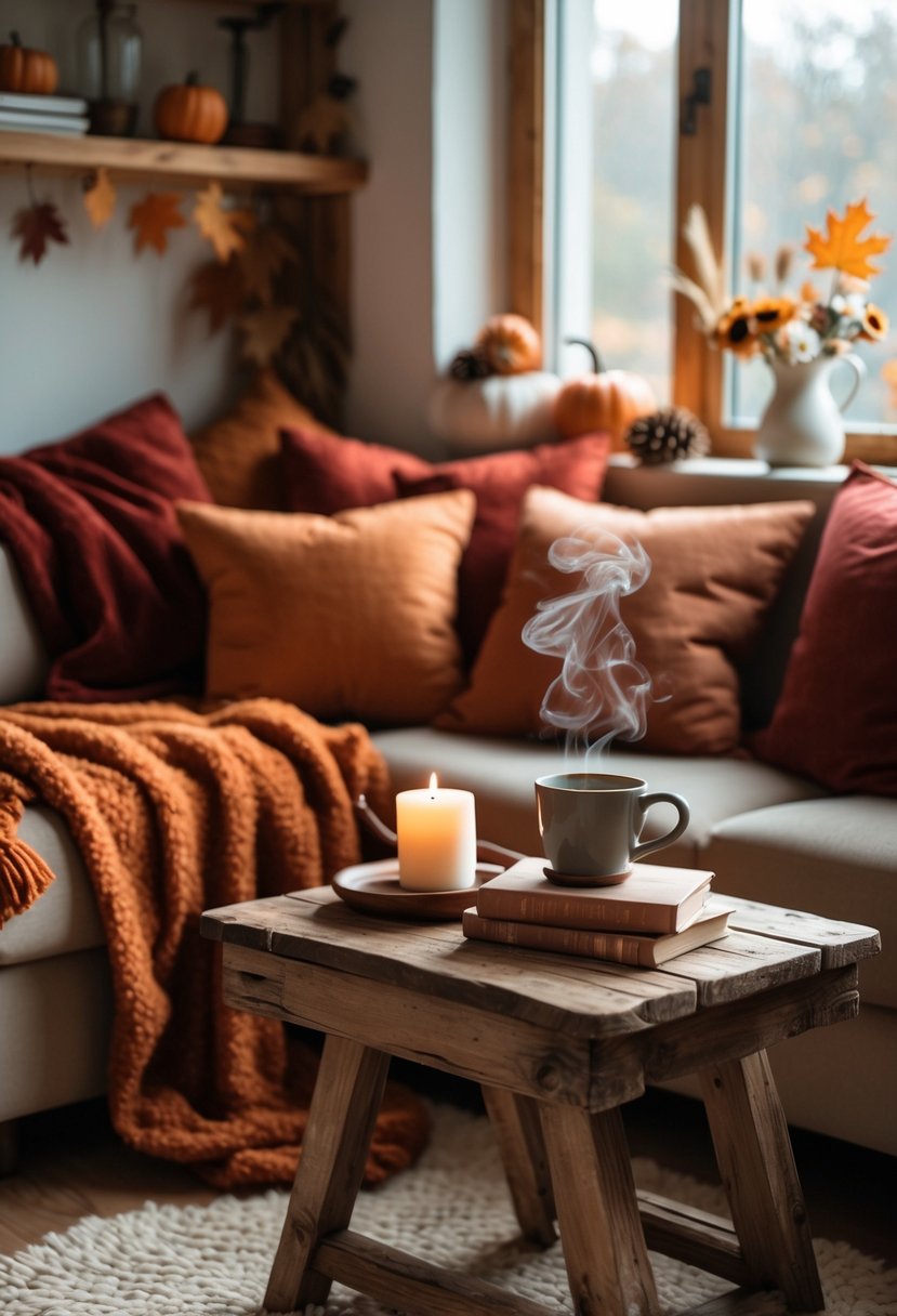 Cozy Retreats On A Dime: 25 Unusual Backyard Ideas You’ll Love 14 A cozy living room corner with warm blankets, cushions, a wooden coffee table with a mug, candle, books, and seasonal decorations near a window.