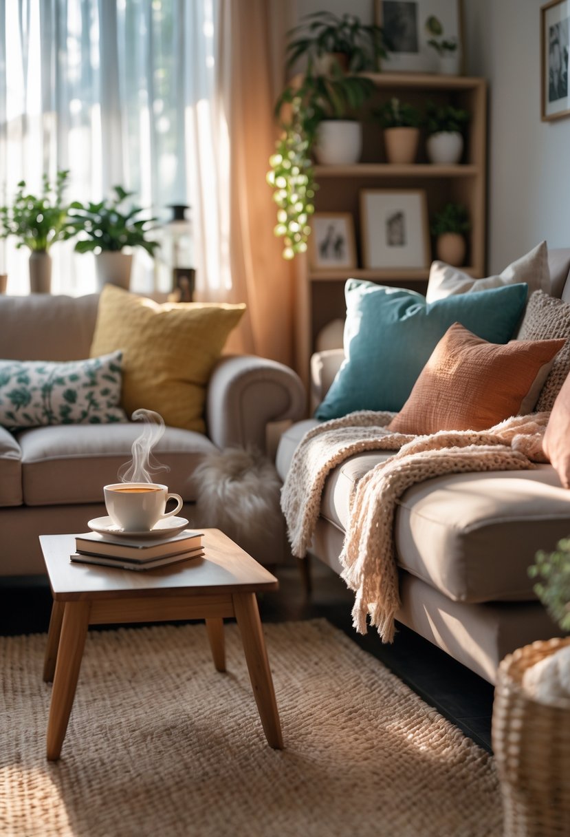 Cozy Retreats On A Dime: 25 Unusual Backyard Ideas You’ll Love 15 A small cozy living room with a plush sofa, throw blankets, cushions, a wooden coffee table with tea and books, soft natural light, and plants on a bookshelf.