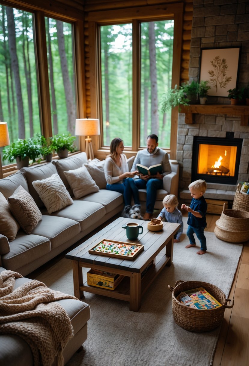 Cozy Retreats On A Dime: 25 Unusual Backyard Ideas You’ll Love 16 A family of four enjoying a cozy cabin living room with a fireplace, soft cushions, blankets, and natural light coming through large windows showing a forest outside.