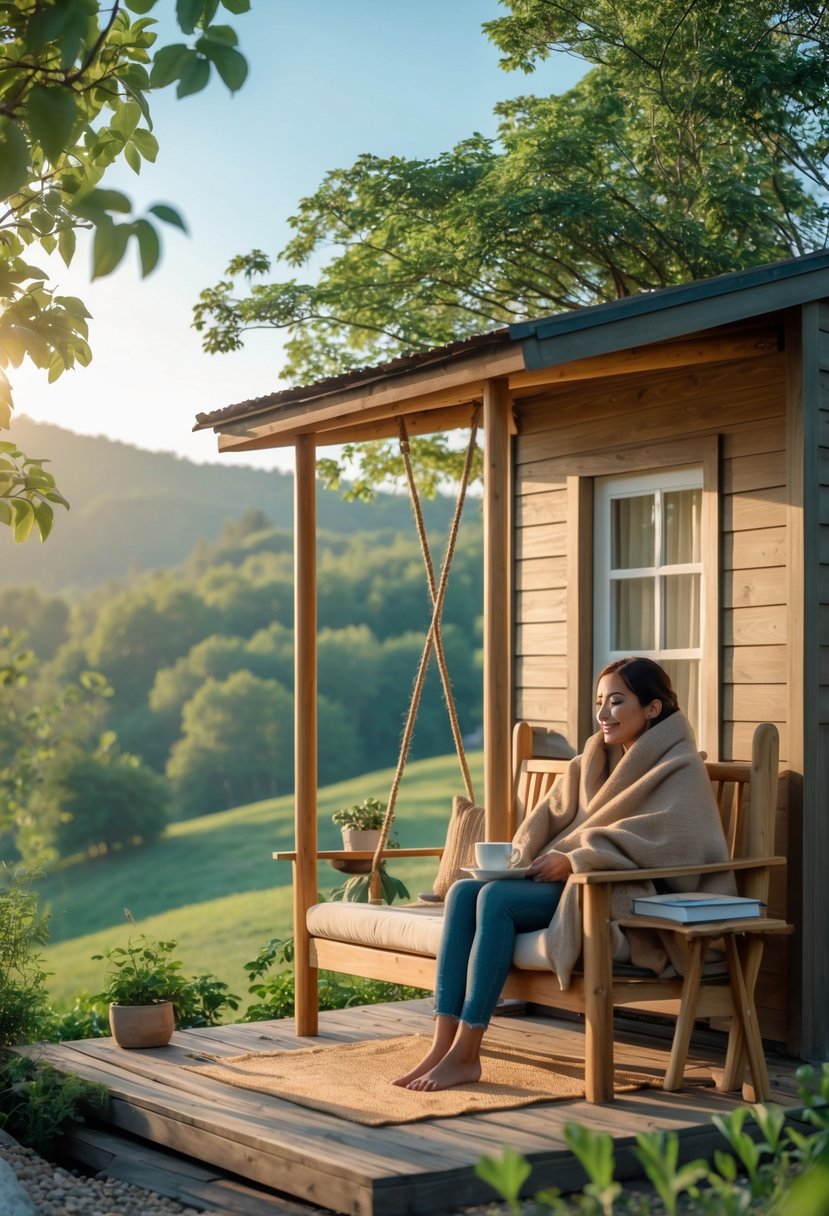 Cozy Retreats On A Dime: 25 Unusual Backyard Ideas You’ll Love 17 A person sitting on a porch swing outside a small cabin surrounded by trees, holding a cup of tea in a peaceful natural setting.