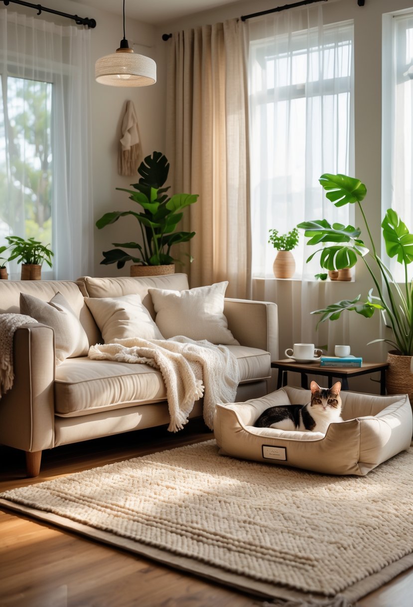 Cozy Retreats On A Dime: 25 Unusual Backyard Ideas You’ll Love 18 A cozy living room with a sofa, pet bed with a dog and a cat resting, natural light, plants, and a coffee table with books and tea.