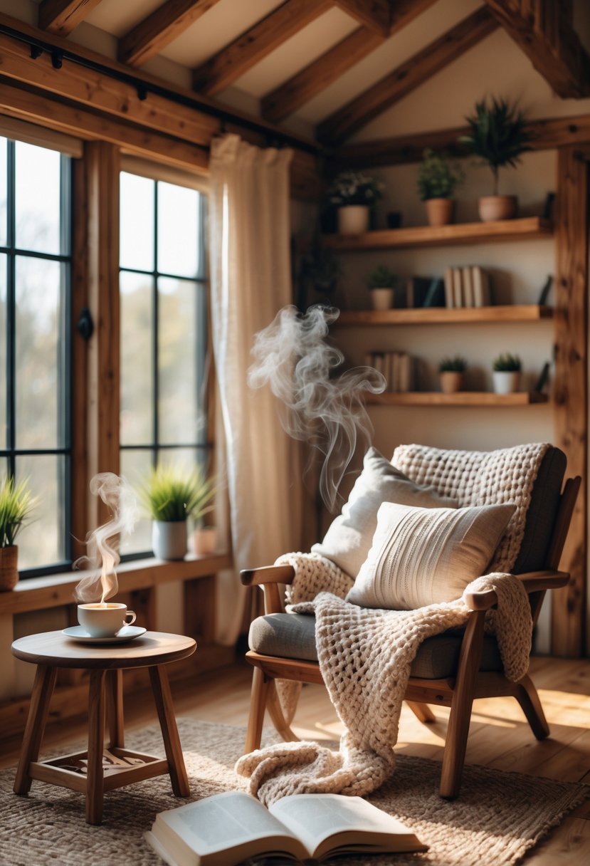Cozy Retreats On A Dime: 25 Unusual Backyard Ideas You’ll Love 19 A cozy cabin interior with a wooden armchair, cushions, a coffee table with tea and a candle, surrounded by books and plants.