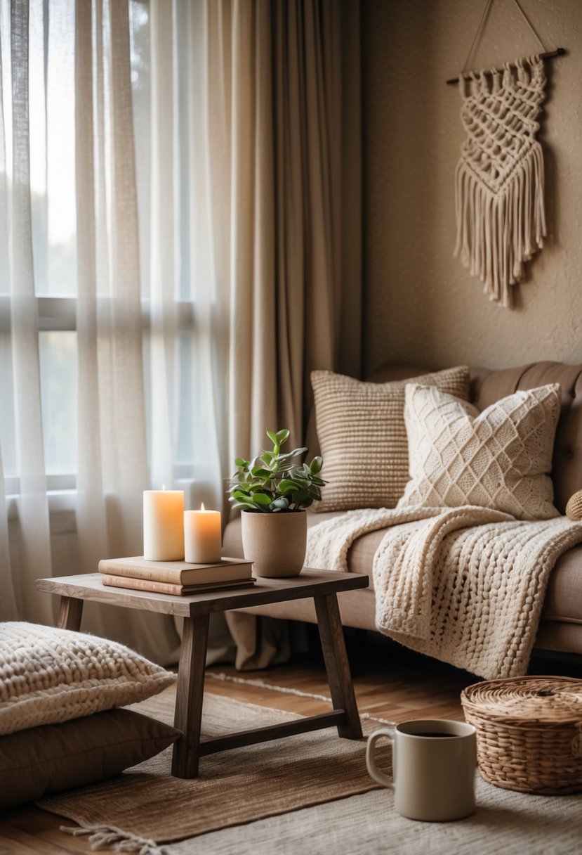 Cozy Retreats On A Dime: 25 Unusual Backyard Ideas You’ll Love 21 A cozy corner of a living room with blankets, pillows, candles, plants, and books creating a warm and inviting atmosphere.